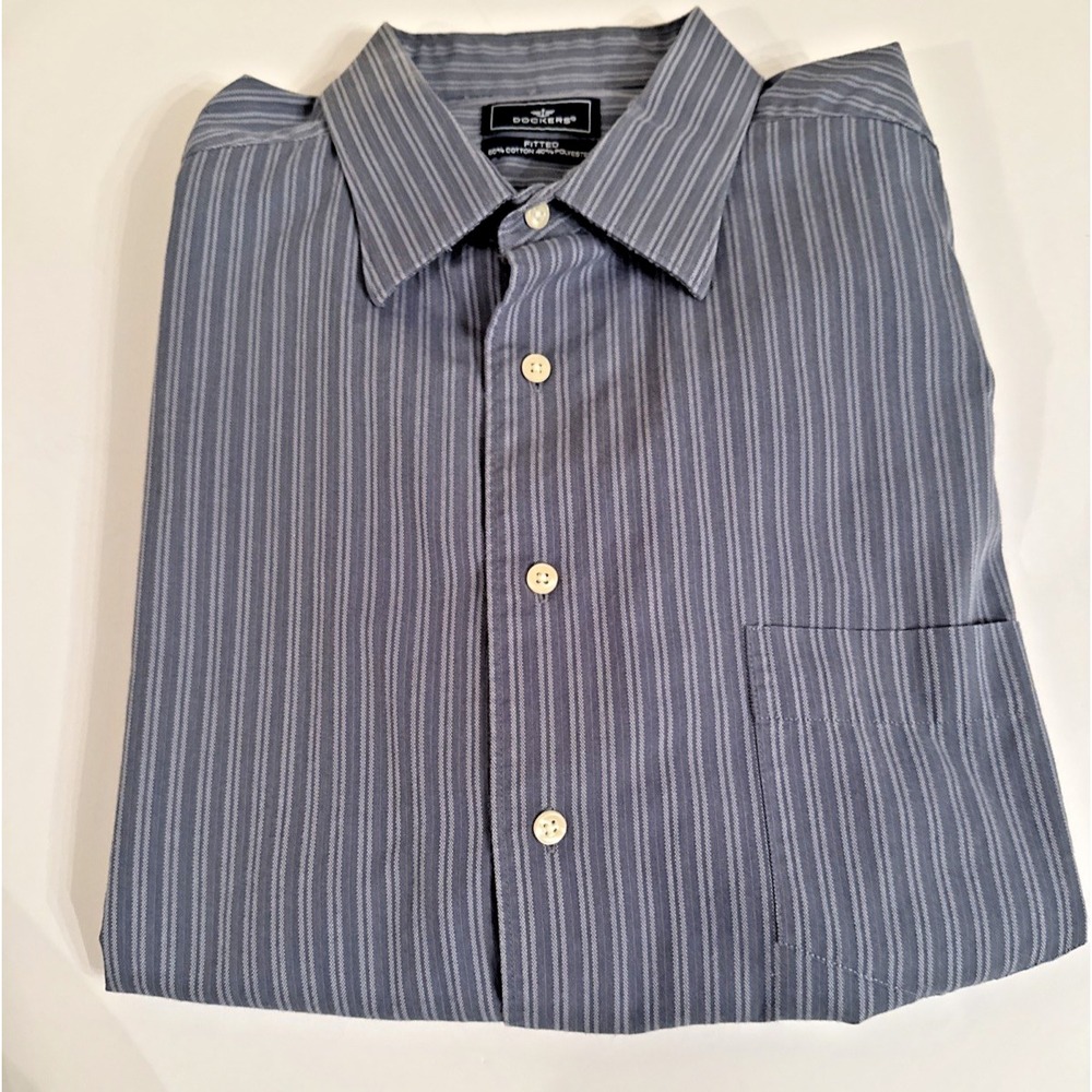 Dockers Fitted XL 17 17.5 Blue Pinstripe Long Sleeve Button Up Dress Shirt Mens